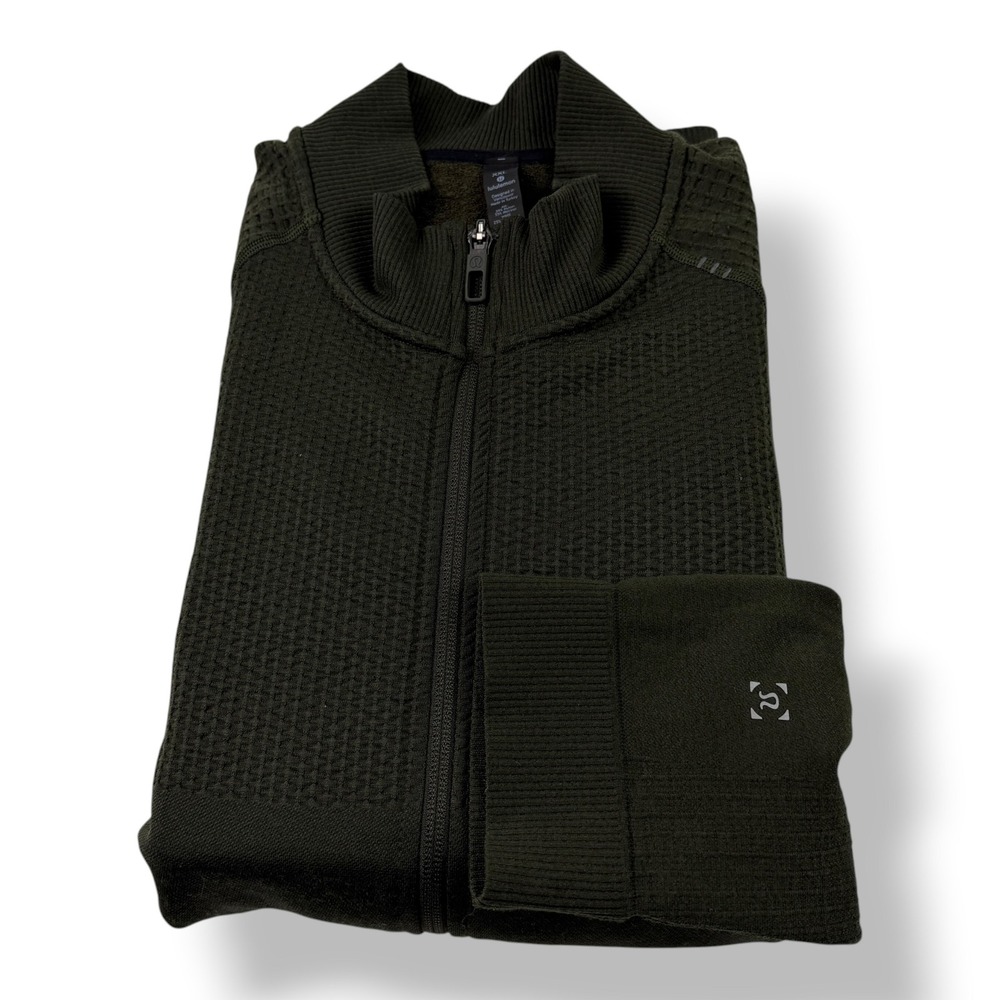 Lululemon Engineered Warmth Jacket XXL Dark Olive Merino Wool Waffle Knit Zip